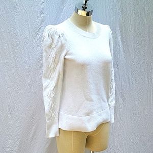 Ladies Talbots white sweater, puff shoulder, designed sleeves, round neck, sz S